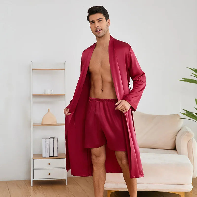 Male Robe Long-Sleeve Loose Bathrobe With Shorts Set Kimono For Man Autumn Comfortable Male Sleepwear