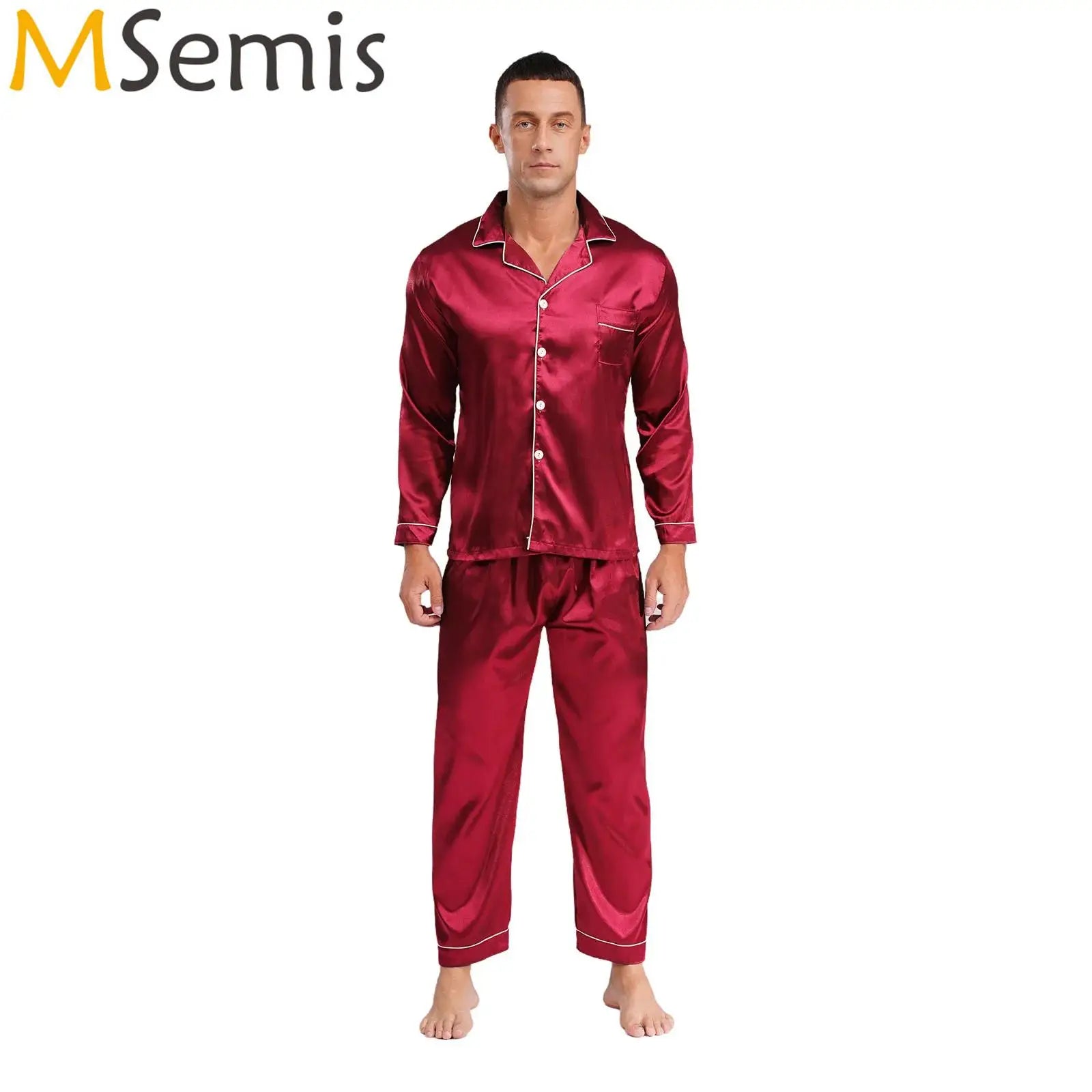 Mens Satin Pajamas Set Two Pieces Sleepwear