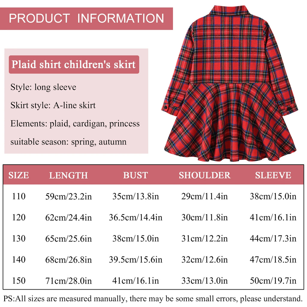 Girl's Shirt,Long Sleeve Girls Checked Dress,Fashion Sweet Teens Blouse,Lapel Letter Print Children's Plaid Tops,Princess Dress