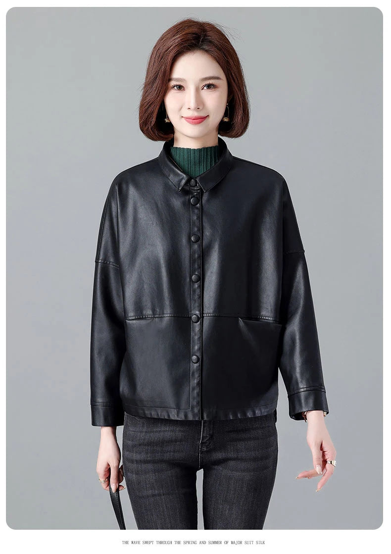 New Women Casual Loose Leather Jacket Spring Autumn Fashion Turn-down Collar Single Breasted Short Leather Motorbike Jacket