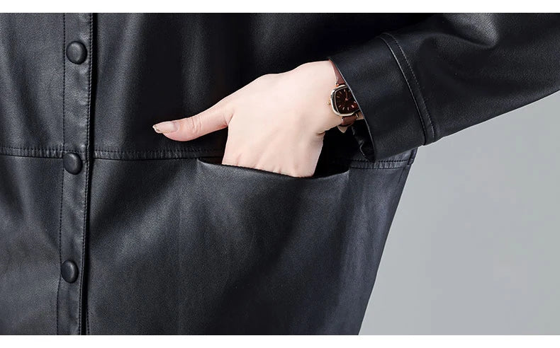 New Women Casual Loose Leather Jacket Spring Autumn Fashion Turn-down Collar Single Breasted Short Leather Motorbike Jacket