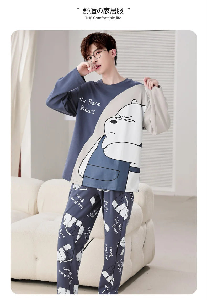 Men's Pajamas Spring Autumn 100% Cotton Youth Pajamas Student Suits Fashionable Sweet Cartoon Home Clothes For Men