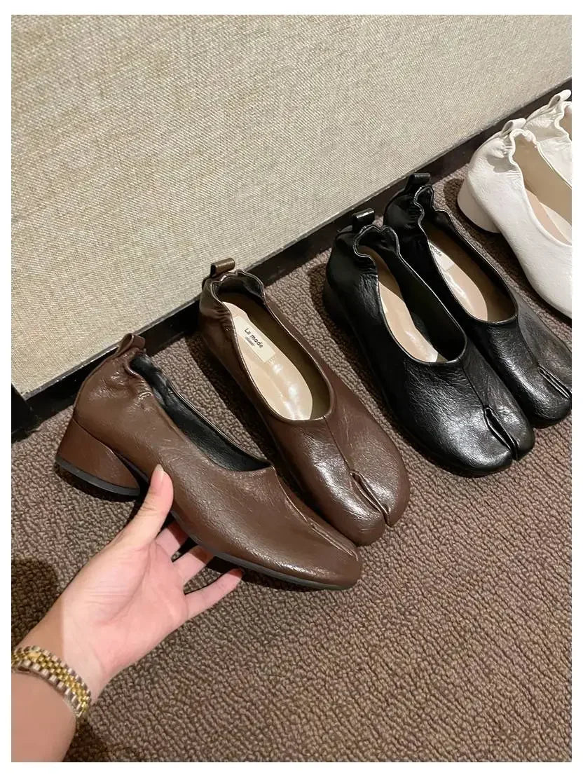 2025 Women Slip on Casual Loafers Chunky Heel Shoe Soft Moccasins Footwear New Fashion Split Toe Shoes Zapatos De Mujer