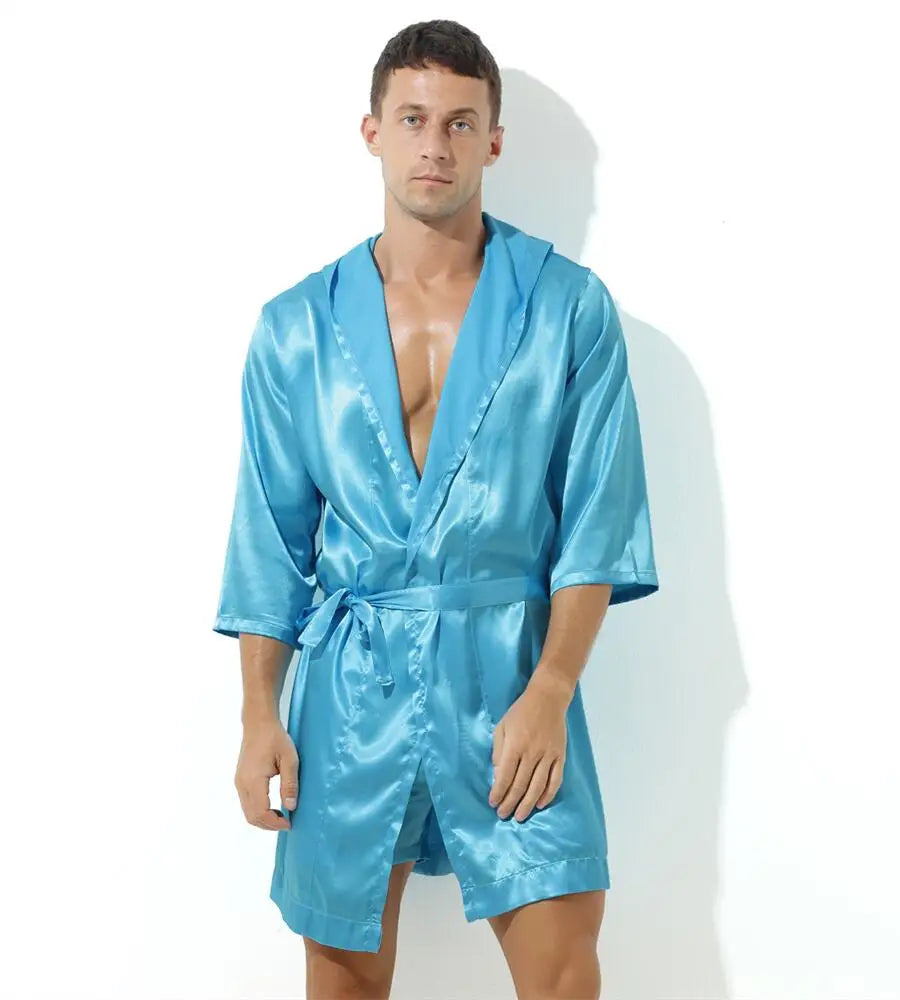 Sexy Sleepwear Men Robes Bathrobes Soft Silky Short Sleeve Nightgown Mens Homewear Dressing Gown Male Pajamas (No shorts)