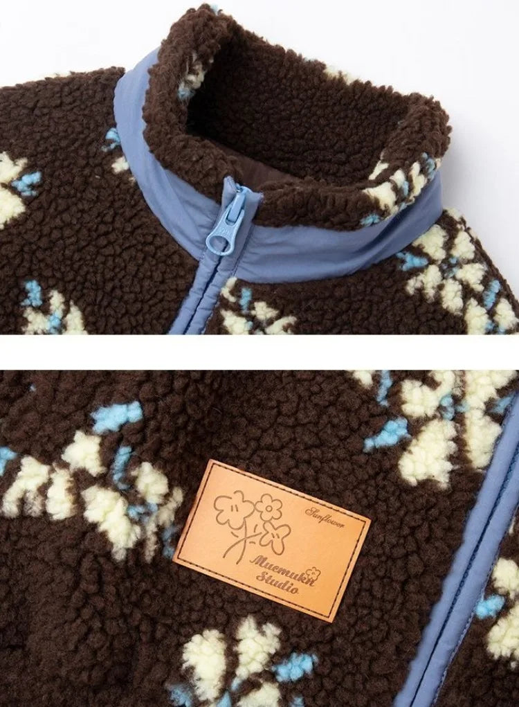 Girl's Winter Coat Floral Jacquard Lamb Fur Thickened Stylish Autumn Winter Toddler Kids Cotton Jacket