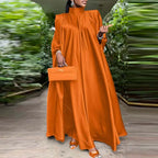 Elegant Evening Dress VONDA Women Pleated Stand Collar Long Sleeve Satin Party Sundress Autumn Casual Solid Loose Robe Vestidos