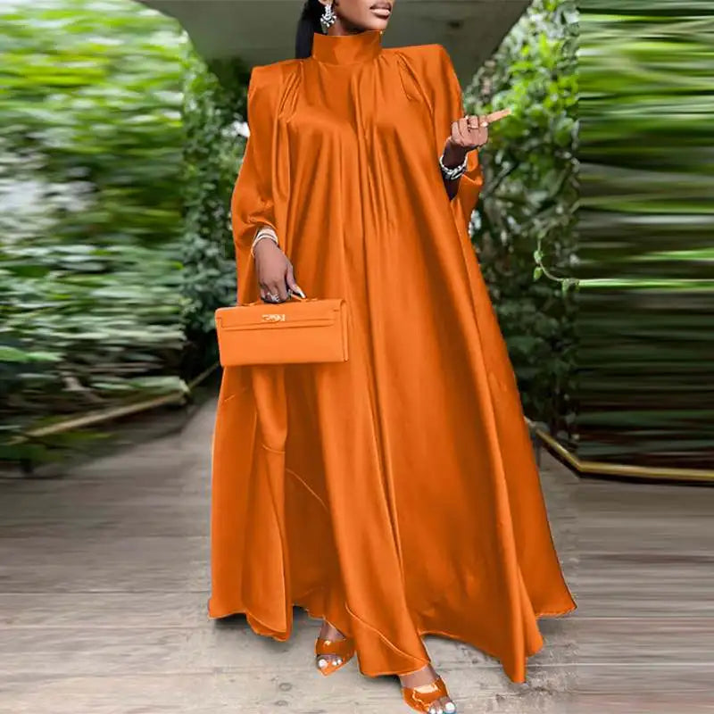 Elegant Evening Dress VONDA Women Pleated Stand Collar Long Sleeve Satin Party Sundress Autumn Casual Solid Loose Robe Vestidos