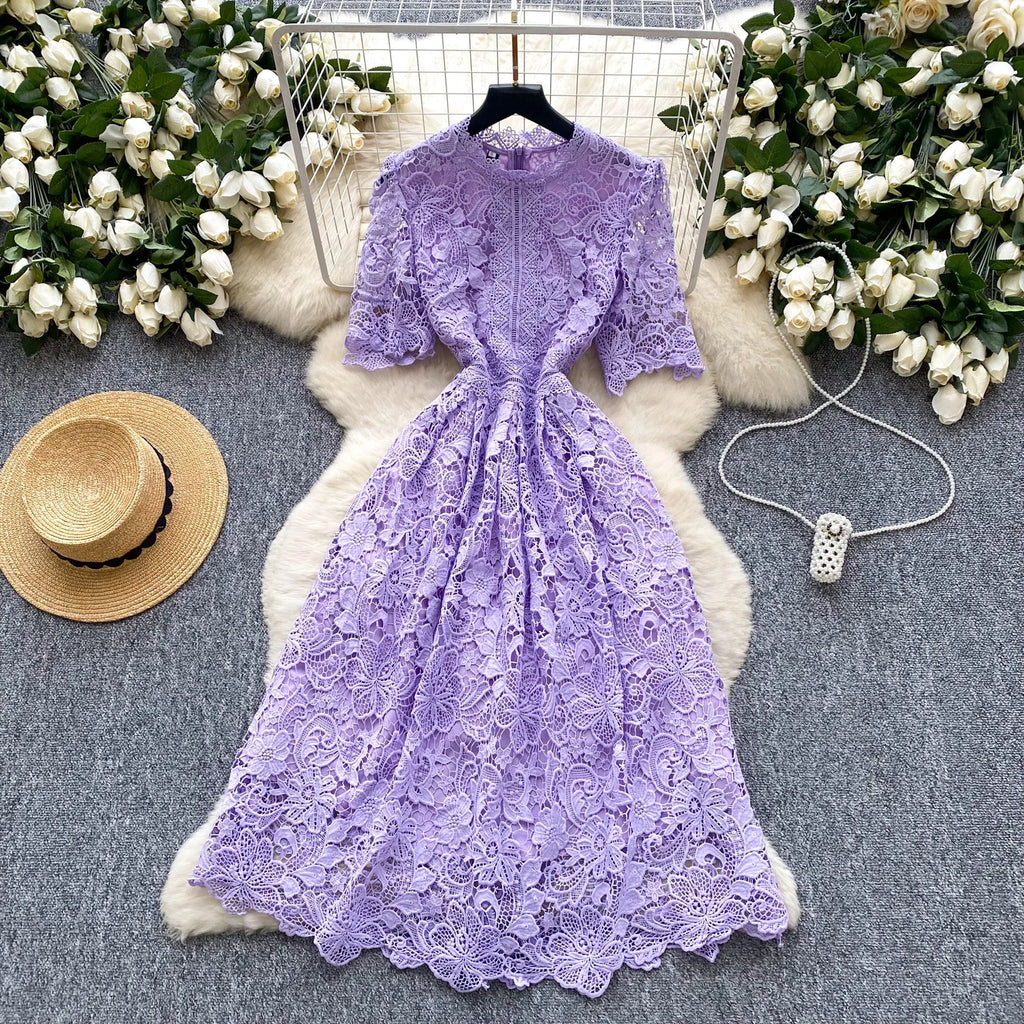 Ele Hollow out Lace ort Sve Dr Women's Summer Slimming A-Line Gown High Waist Korean Sle Commute Suitable