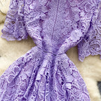 Ele Hollow out Lace ort Sve Dr Women's Summer Slimming A-Line Gown High Waist Korean Sle Commute Suitable
