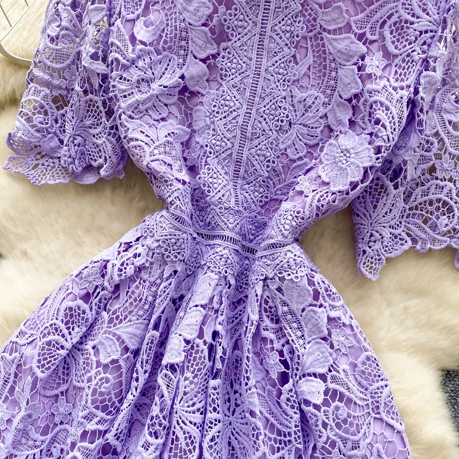 Ele Hollow out Lace ort Sve Dr Women's Summer Slimming A-Line Gown High Waist Korean Sle Commute Suitable