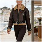 Womens Short Jacket With Leather And Plush Patchwork Belted Waist Zipper Pockets Retro Cool Commuter Jacket Woman Clothes Tops