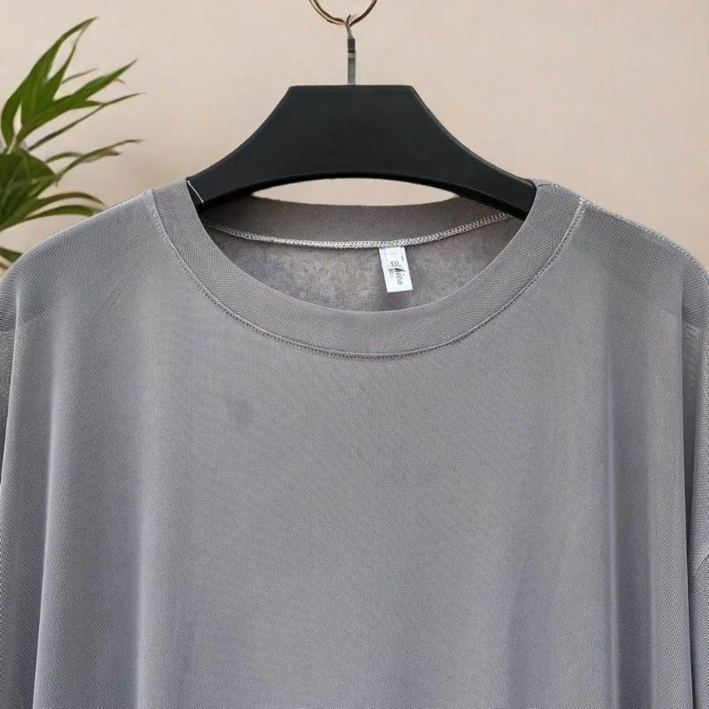 Men's Solid Color Mesh Transparent Short-Sleeved Robe Sexy Retro Fashion Trend Loose Casual Breathable Summer New Men's Tops