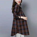 Women's Plaid Shirt Mid-Length Loose Fit Korean Casual Plus Size Long Sleeve Autumn Tops