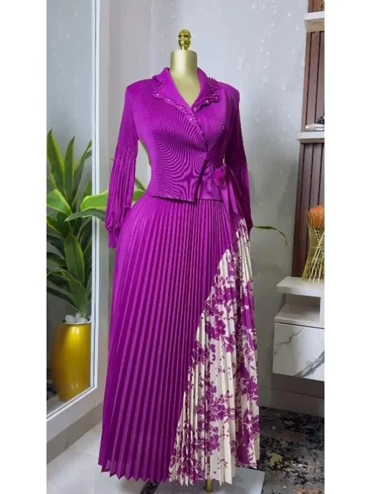 2025 Spring New Miyake Pleated A-line Dress Elegant Suit Collar Mid To Long Style Waist Cinching Slimming Women Folds Skirt