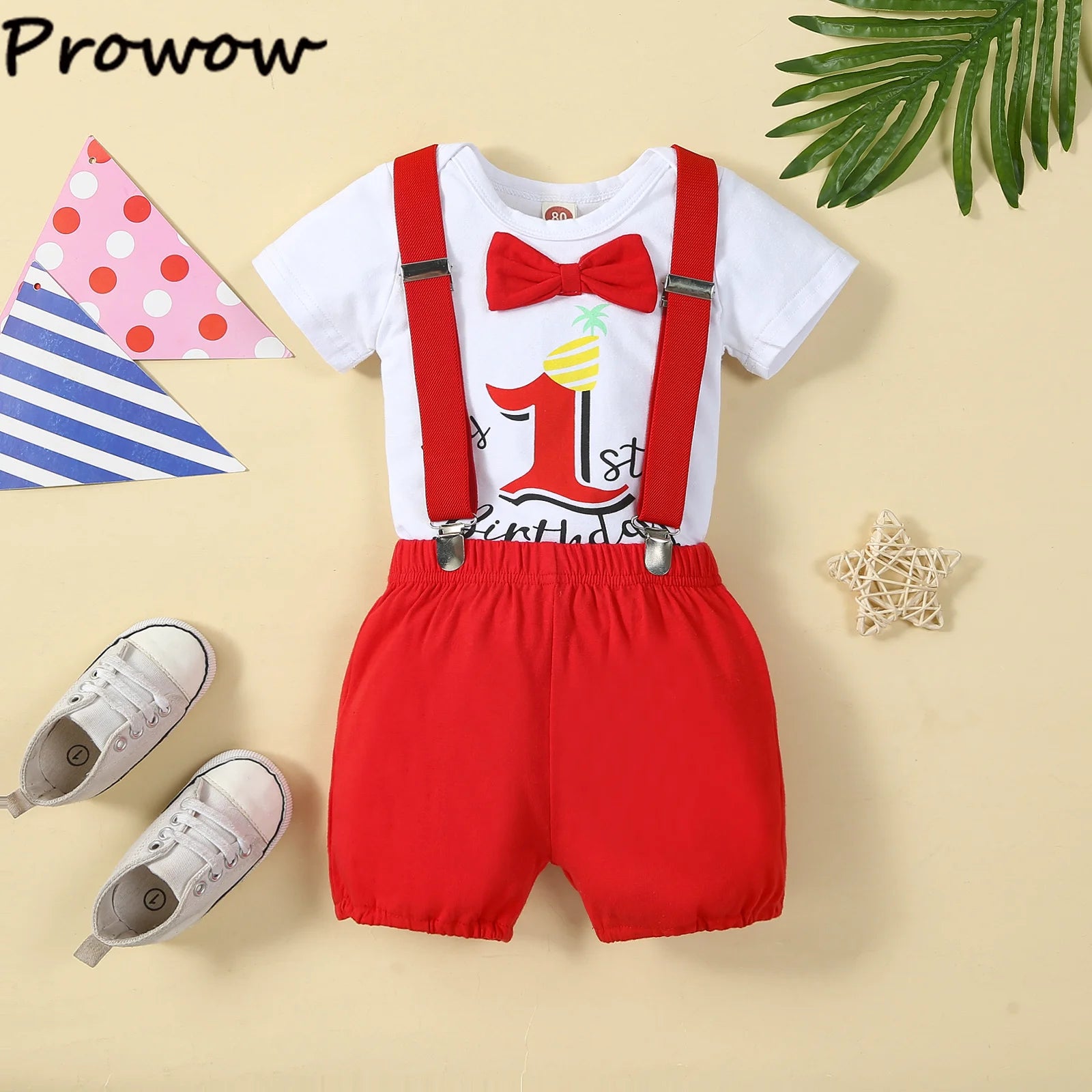 Baby Boys Birthday Outfits Sets Balloon Letter"1" Bodysuit and Y-back Suspender Shorts 1 Year Birthday Baby Cake Smash Clothes
