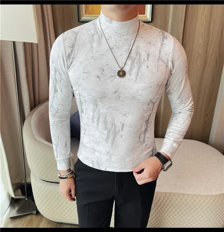Men Tie-Dye Long-Sleeve T-Shirt | Half-High Collar Base Layer Trendy Versatile Casual Wear 95% Cotton Breathable  Sweat-wicking