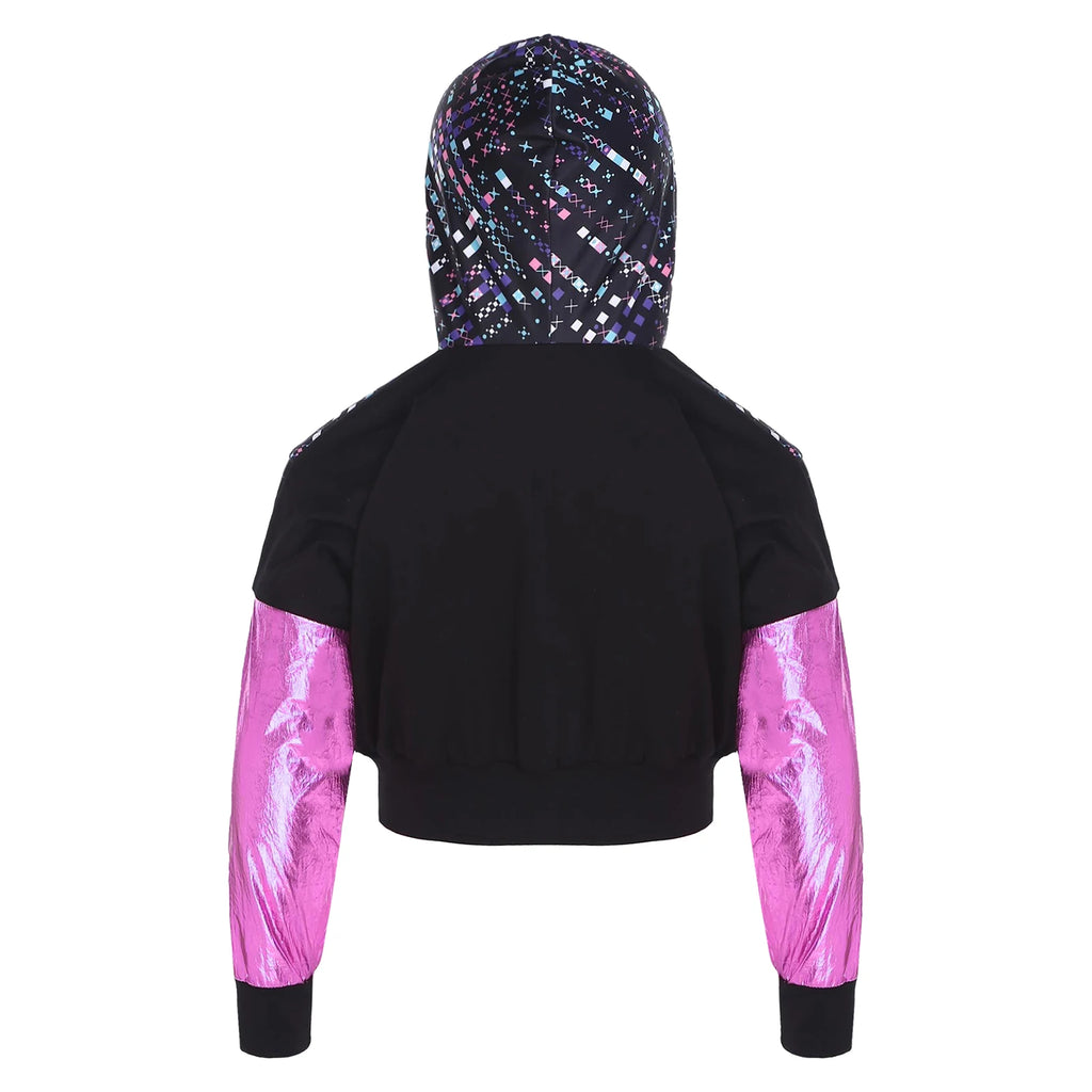 Girl Hooded Tops Long Sleeve Zipper Jacket Fashion Print Short Jacket Casual Coat Outerwear Jazz Dance Performance Costume