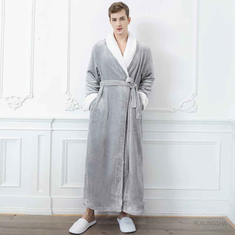 Men Winter Plus Size Long Flannel Bathrobe Warm Coral Fleece Kimono Bath Robe Night Cozy Sleepwear Women Jacquard Dressing Gown