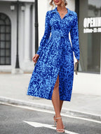 Elegant Random Print Button Down Shirt Dress Women's Long Sleeve Belted Waist Midi Dress Spring Fall Office Casual Dress