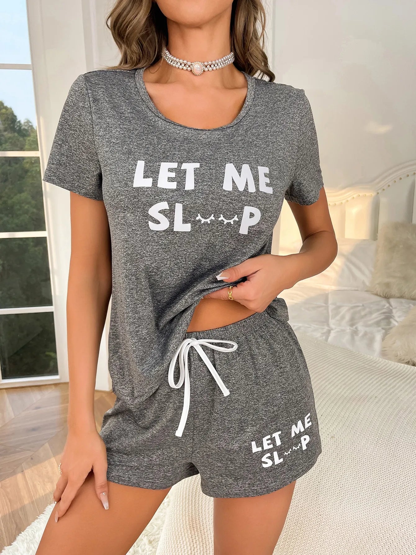 Women's new style pajamas set gray top letter shorts two-piece casual