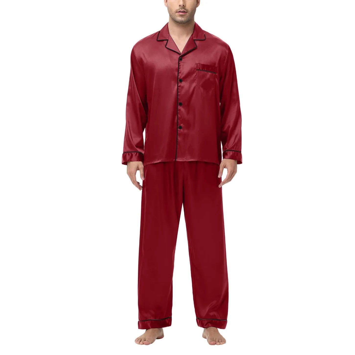 Men Pajamas Set Silk Satin Sleepwear