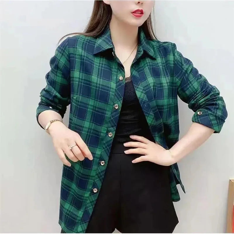 Vintage Printed Loose All-match Plaid Shirt Women's Clothing 2023 Autumn Winter New Oversized Casual Tops Long Sleeve Blouse