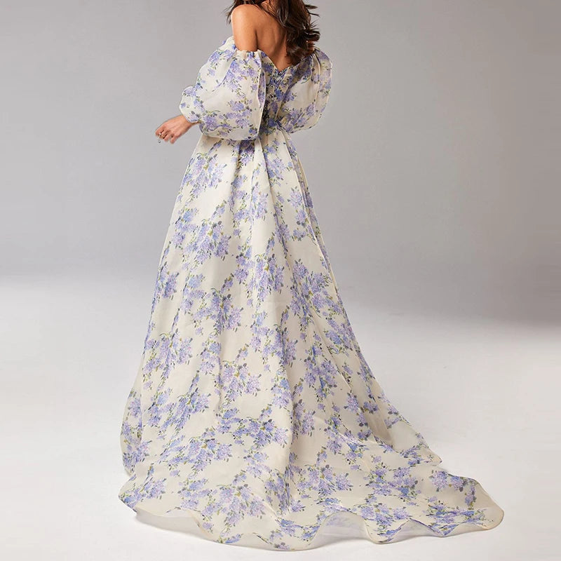 Sexy Strapless Puff Sleeve Bohemian Dress Fashionable Flower Print Bandage Long Dress Elegant Hight Waist Split Evening Dresses