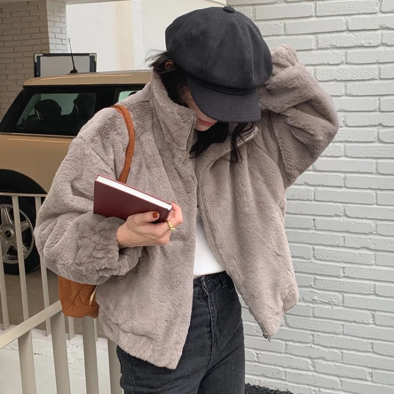 Women Autumn Winter Thicken Warm Coat Stand-Collar Loose Fur Plush Zipper Jacket Soft Comfortable Casual Simple Solid Outerwear