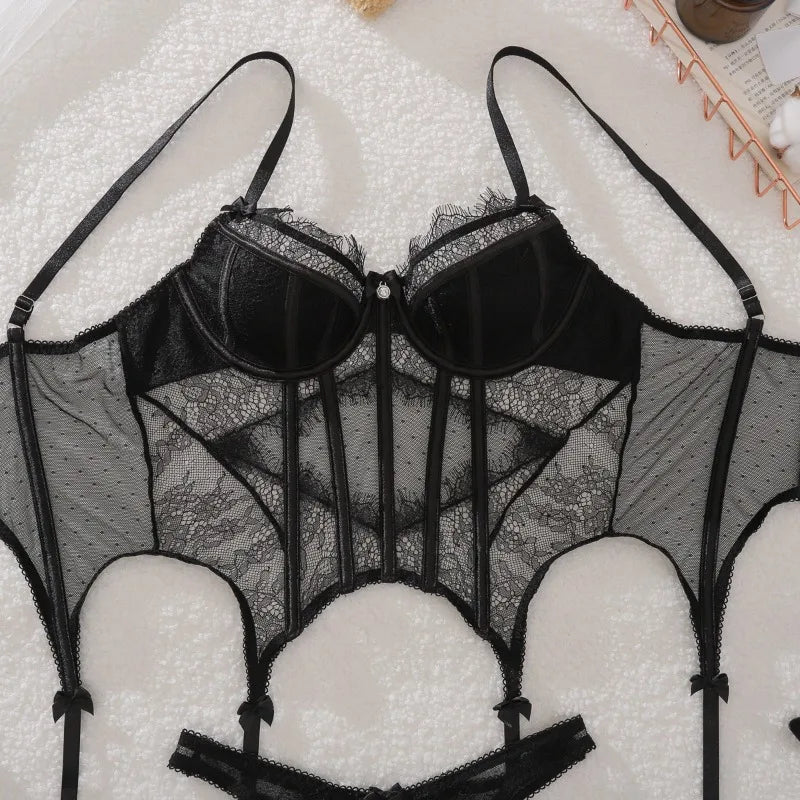 Lingeries Sexy Hot Exquisite Sheer Eyelash Lace Lingerie Sets for Women Tight Waist Corset Tops and Thong Garter Erotic Costumes