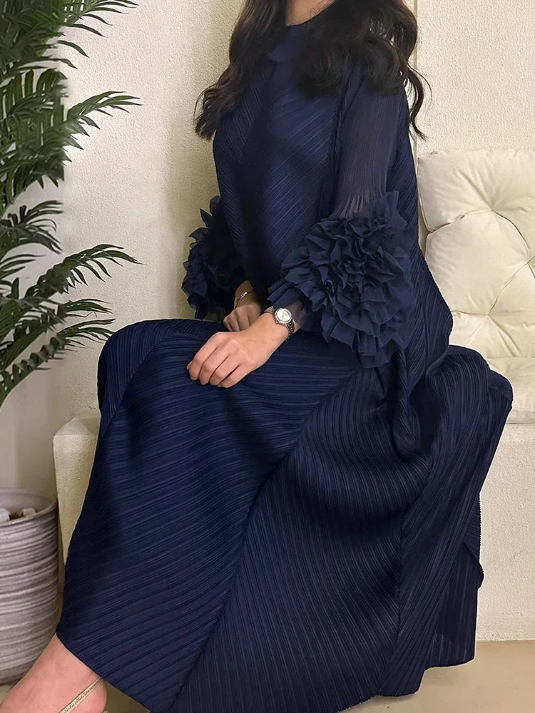 YUDX Hot Sales 2024 Summer New Pleated Formal Dresses for Women Mesh Petal Sleeve Solid Evening Party Long Maxi Dresses