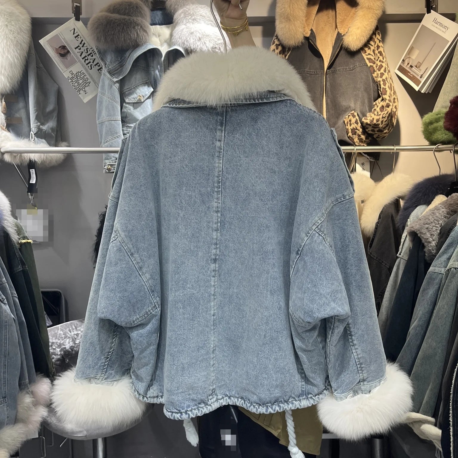 Fox Fur Denim Jacket for Women Fleece-Lined and Thickened Winter 2025 New Korean Style Loose Fit Batwing Sleeve Cotton Coat
