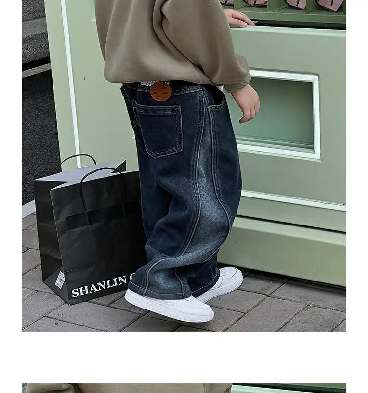 2-12Y Childrens Boys Denim Pants One-piece Fleece Thickened Autumn Winter Casual Kids Baby Boys Pants Toddler Boys Warm Jeans