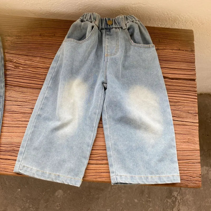 Children Wide Leg Jeans Spring Autumn Boy and Girl Elastic Waist Straight Leg Denim Pants Kids Casual Versatile Trousers A40056