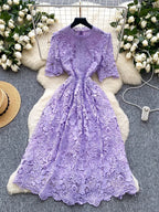 Ele Hollow out Lace ort Sve Dr Women's Summer Slimming A-Line Gown High Waist Korean Sle Commute Suitable