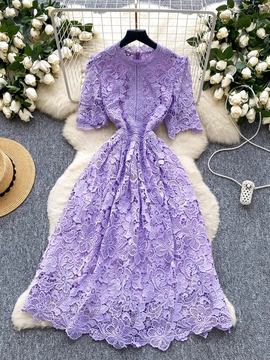 Ele Hollow out Lace ort Sve Dr Women's Summer Slimming A-Line Gown High Waist Korean Sle Commute Suitable