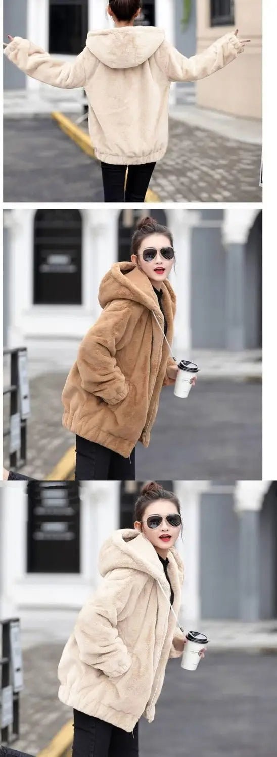 Plush hooded jacket for women mid-length winter new loose plush warm long sleeves plush Short jacket fashion casual coat