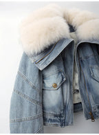 Big Fox Fur Collar Down Cotton Denim Jacket Women Vintage Cowboy Outerwear Winter Thick Loose Short Zipper Jeans Jacket Female