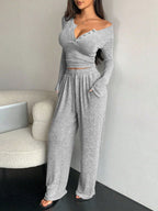 Women's Pajamas Sexy Tight-fitting Button V-neck Long-sleeved Drawstring Long Trousers Two-piece Set Casual Simple Homewear