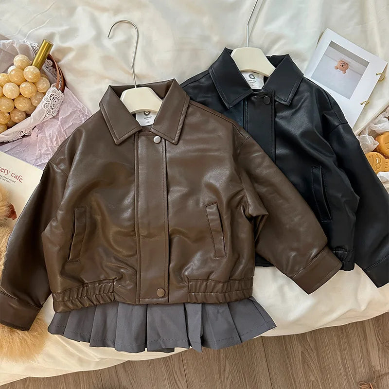 Jackets Girl Loose Autumn New Children PU Locomotive Leather Clothing Loose Coat Boy Handsome Leather Clothing 2024