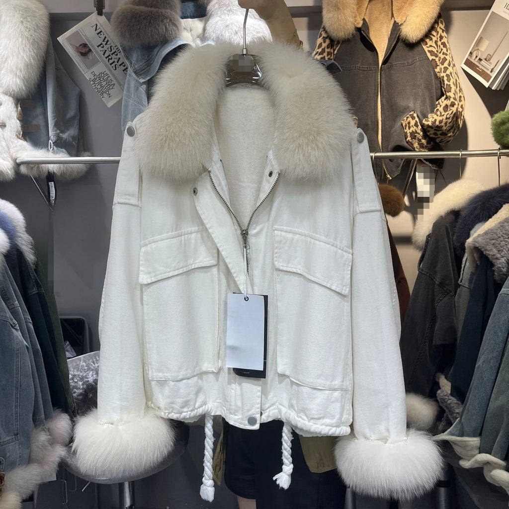 Fox Fur Denim Jacket for Women Fleece-Lined and Thickened Winter 2025 New Korean Style Loose Fit Batwing Sleeve Cotton Coat