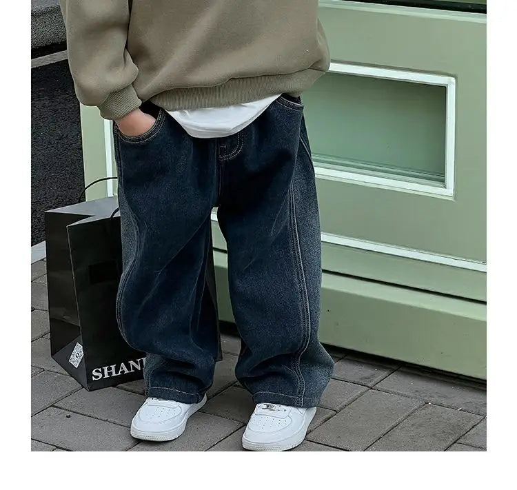 2-12Y Childrens Boys Denim Pants One-piece Fleece Thickened Autumn Winter Casual Kids Baby Boys Pants Toddler Boys Warm Jeans
