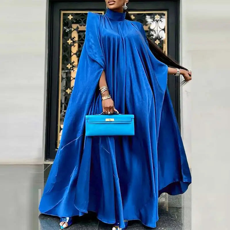 Elegant Evening Dress VONDA Women Pleated Stand Collar Long Sleeve Satin Party Sundress Autumn Casual Solid Loose Robe Vestidos