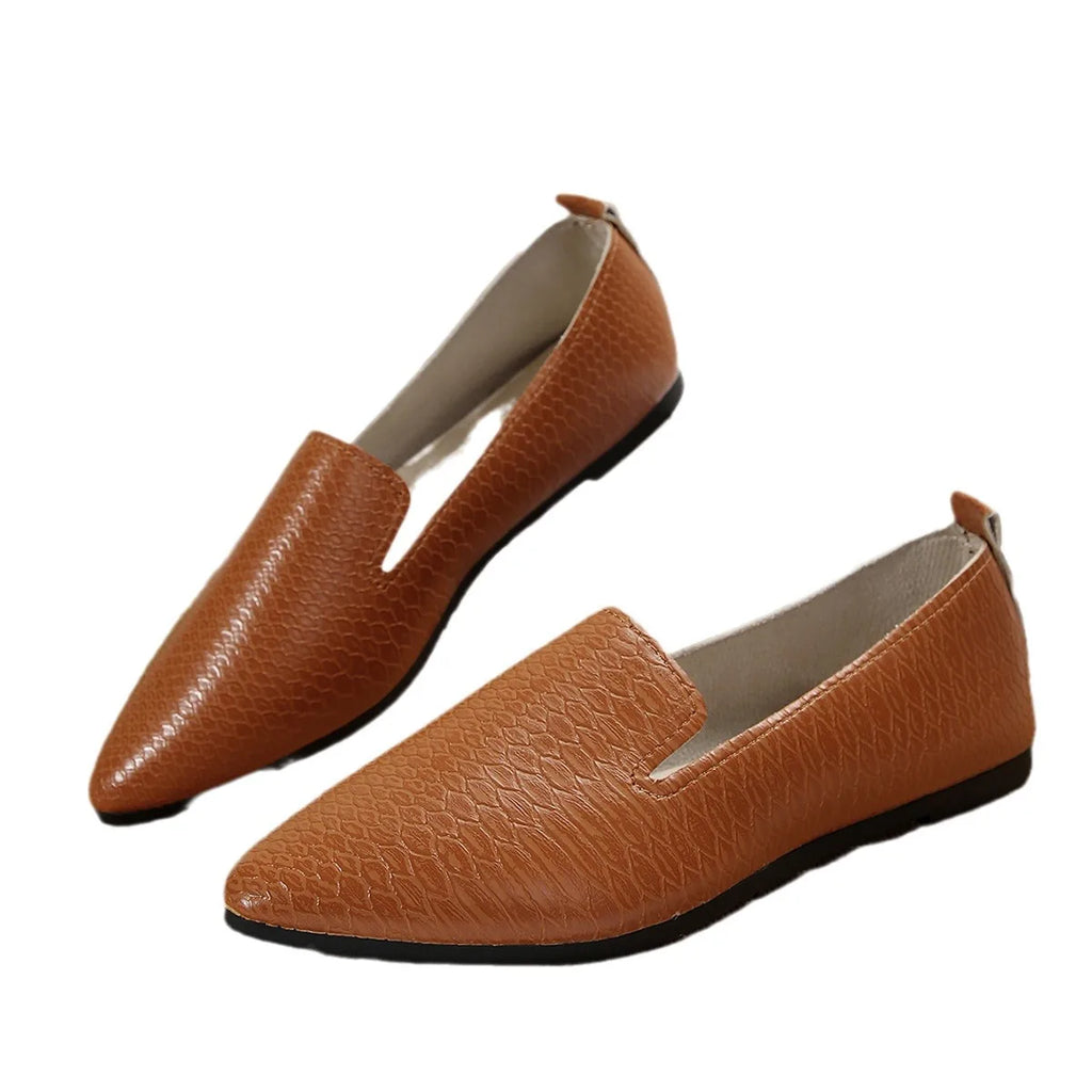 Women's Shoes PU Leather Loafers Ballet Flats Pointed Toe Barefoot Slip-on Casual Low Heel Fashion Stone Pattern Woman Flat Shoe