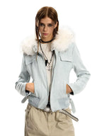 American hot girl big fur collar slim short jacket for women buckskin velvet waist slimming hooded cardigan sweatshirt