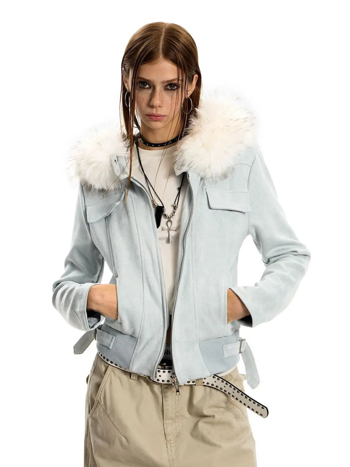 American hot girl big fur collar slim short jacket for women buckskin velvet waist slimming hooded cardigan sweatshirt