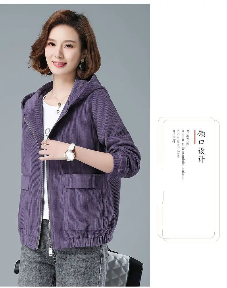 Corduroy Short Coat 5XL Women's 2025 Spring Autumn New Korean Loose Solid Hooded Jacket Fashion Casual Female Zipper Coat Tops