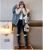 junior girl winter jackets vetement enfant fille Thickened inner rabbit fur denim jacket teenr outerwear kids warm coat overwear