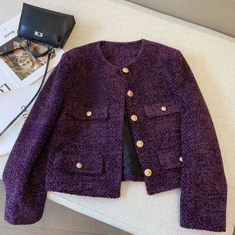 French Woolen Tweed Coat Small Fragrant O-neck Short Jacket Women High-end Metal Button Purple Tops Autumn Winter 012A