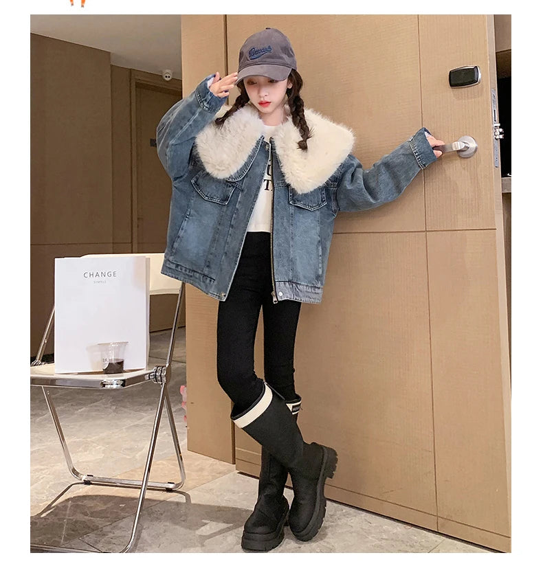 junior girl winter jackets vetement enfant fille Thickened inner rabbit fur denim jacket teenr outerwear kids warm coat overwear