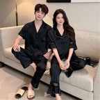 Women Men Pajamas Short Sleeved Shirt Trousers Ice Silk Sleepwear